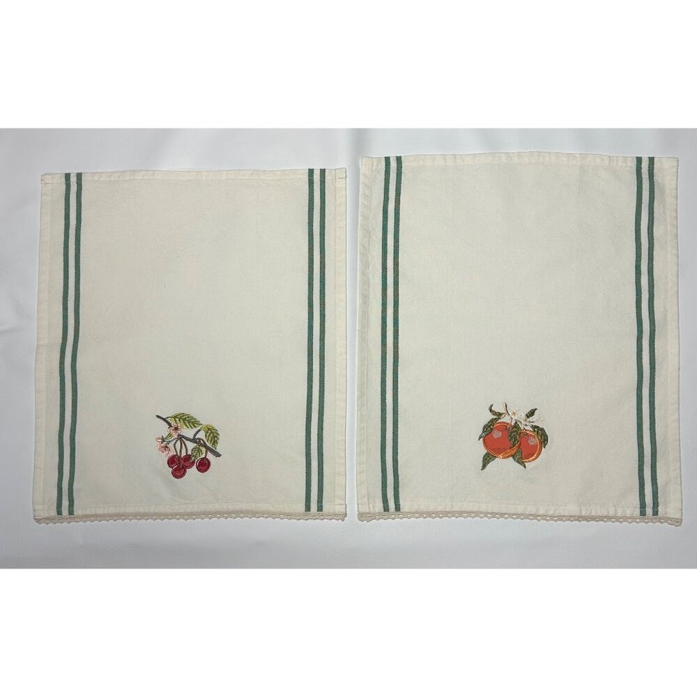 Vintage Tea Towels Embroidered Fruit Design Set 2 16” x 19”  Oranges, Cherries